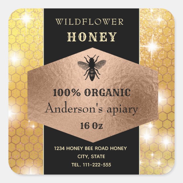 Adesivo Quadrado Rótulo de frasco de mel de abelha rosegold moderno (Frente)