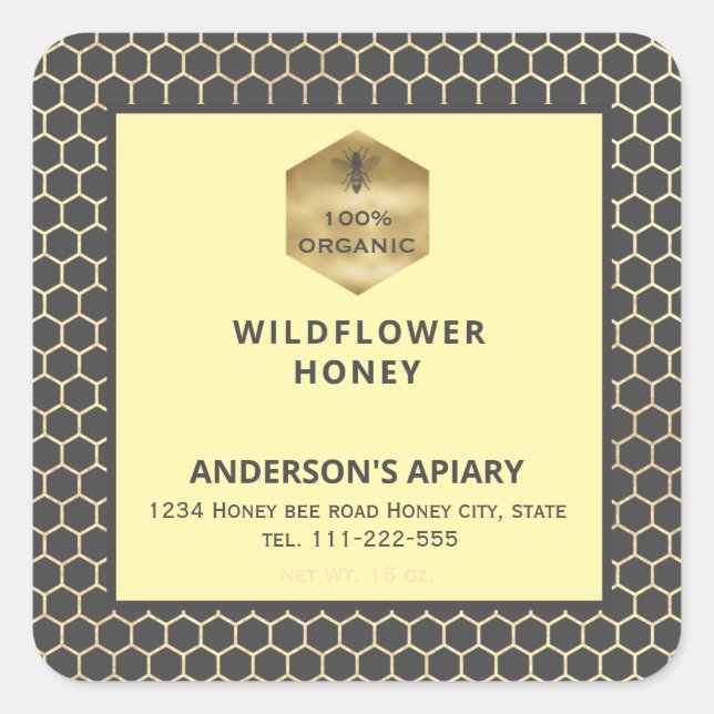 Adesivo Quadrado Rótulo de frasco de mel de favos de mel moderno (Frente)