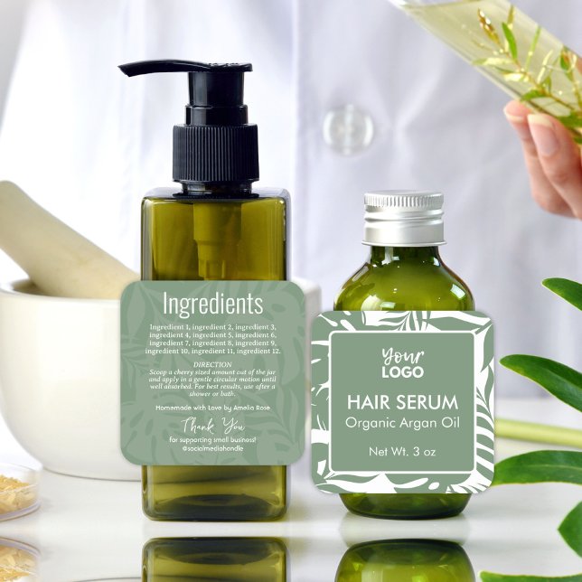 Adesivo Quadrado Rótulo de Ingredientes de Folhas Tropicais Verde (Green Botanical Tropical Leaves Ingredients Label)