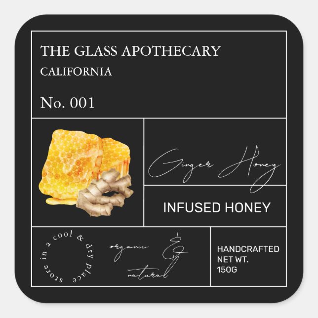 Adesivo Quadrado Rótulo de Mel de Ginger Root Infuso (Frente)