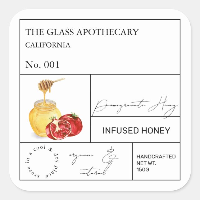 Adesivo Quadrado Rótulo de Mel de Pomegranato de Apothecary (Frente)