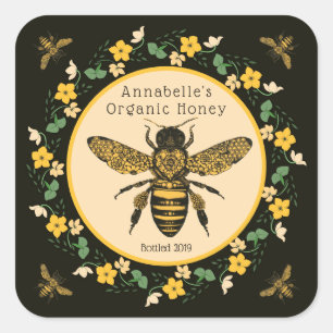 Adesivo Quadrado Rótulo de Mel do Quadro de Flor Amarelo Bonito