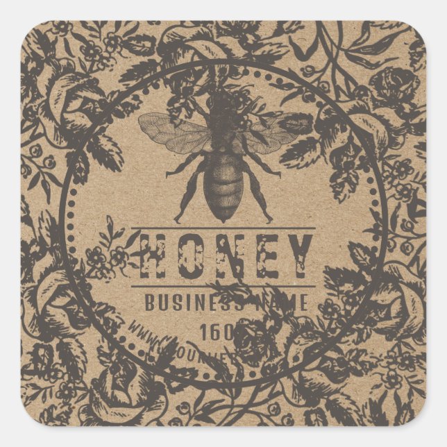 Adesivo Quadrado Rótulo de mel Kraft | Flores E Abelhas (Frente)