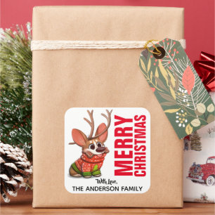 Adesivo Quadrado Rótulo de Natal de Corgi Reindeer