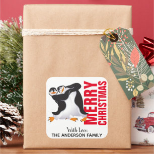 Adesivo Quadrado Rótulo de Natal dos Pinguins Dançantes