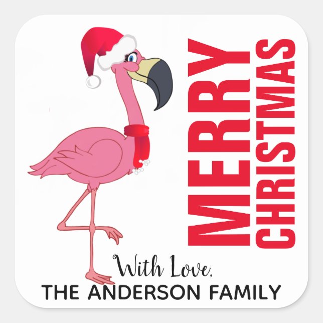 Adesivo Quadrado Rótulo de Natal Festivo Flamingo (Frente)