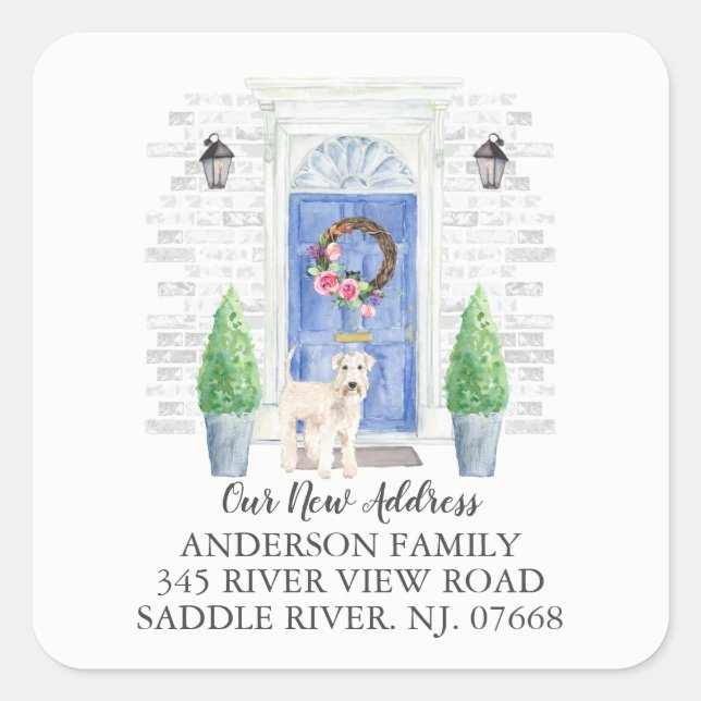 Adesivo Quadrado Rótulo de Novo Endereço da Porta Azul com Rodas (Frente)