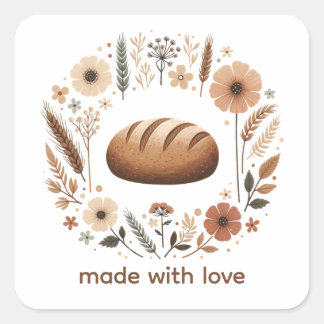 Adesivo Quadrado Rótulo de Pão Feito Com Amor | Padaria Cottagecore