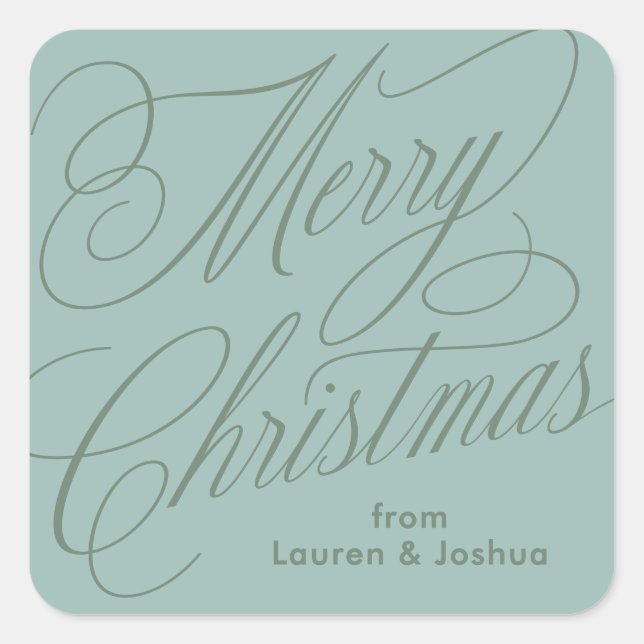 Adesivo Quadrado rótulo de presente verde azul script Feliz Natal (Frente)