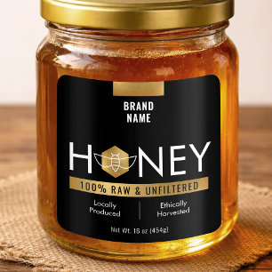 Adesivo Quadrado Rótulo de Produto de Mel Cru Preto e Dourado Moder