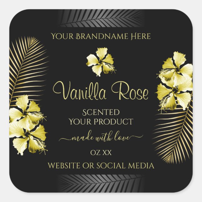 Adesivo Quadrado Rótulo de Produto Dourado de Preto Tropical Flores (Frente)