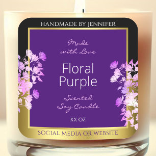 Adesivo Quadrado Rótulo de Produto Floral Elegante Dourado e Roxo