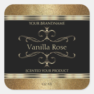 Adesivo Quadrado Rótulo de Produto Negro Dourado Ornamental de Luxo