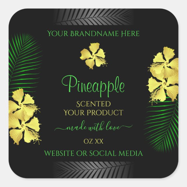 Adesivo Quadrado Rótulo de produto preto Flores Amarelas Verdes Hav (Frente)