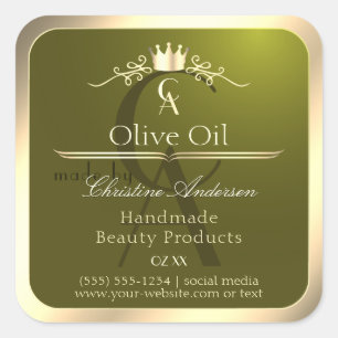 Adesivo Quadrado Rótulo de produto verde-oliva com monograma de qua