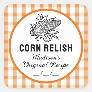 Adesivo Quadrado Rótulo de relish do milho com padrão laranja verif
