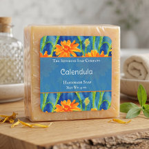 Rótulo de sabonete de calêndula azul e laranja cos
