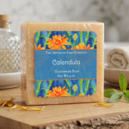 Adesivo Quadrado Rótulo de sabonete de calêndula azul e laranja cos