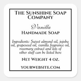 Adesivo Quadrado Rótulo de sabonete simples em branco e preto para