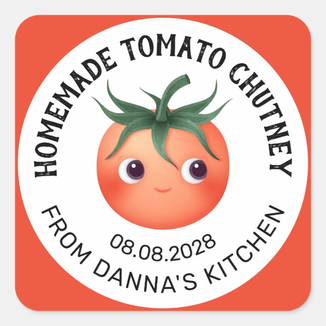 Adesivo Quadrado Rótulo de Tomato Chutney caseiro com tomate bebê (Frente)