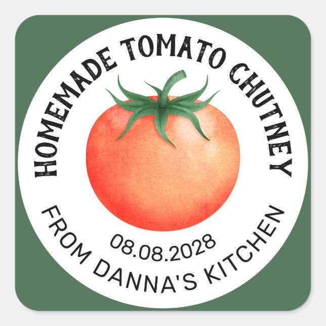 Adesivo Quadrado Rótulo de Tomato Chutney caseiro com tomate vermel (Frente)