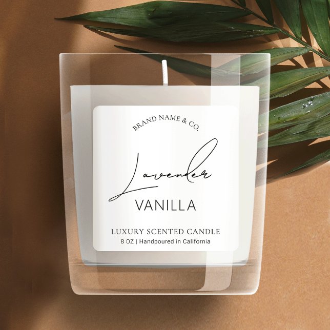 Adesivo Quadrado Rótulo de Vela Branca Simples Moderna e Preta, Min (Minimalist candles labels in black and white with modern calligraphy font)