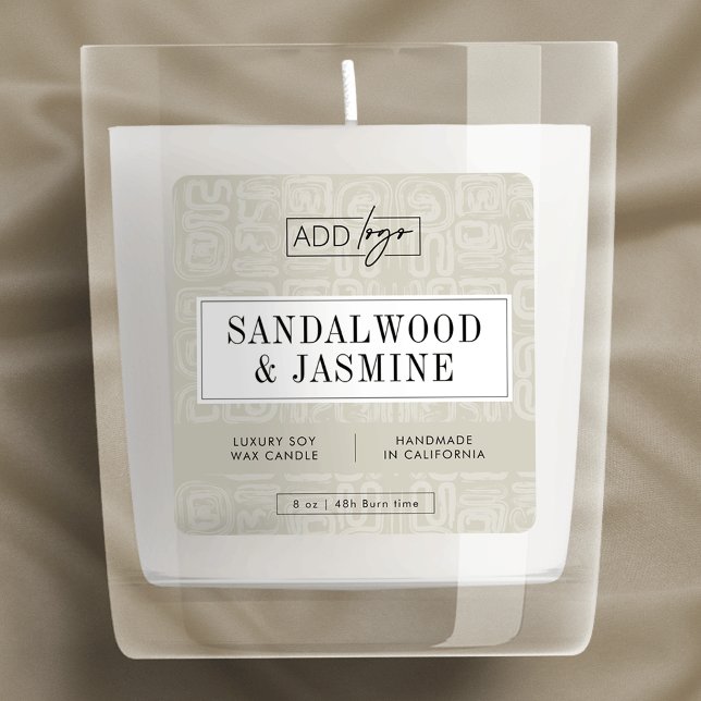 Adesivo Quadrado Rótulo de Vela com Padrão Boho Bege Terroso (Neutral beige modern business logo square product label design)