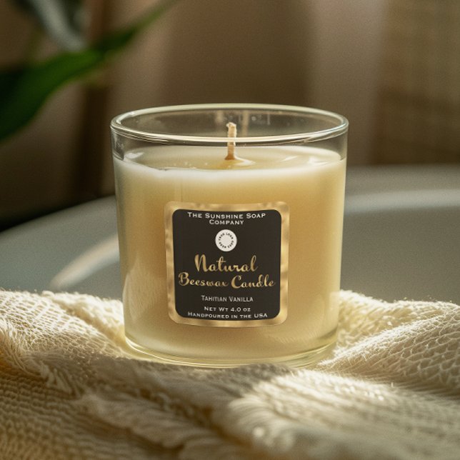 Adesivo Quadrado Rótulo de vela de cera de abelhas preto e dourado  (Criador carregado)