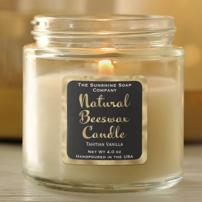 Adesivo Quadrado Rótulo de vela de cera de abelhas preto e dourado  (Criador carregado)