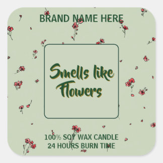 Adesivo Quadrado Rótulo de Vela de Flor Personalizável com Texto Ed