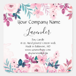 Adesivo Quadrado Rótulo de Vela Floral Rosa Verde Personalizado