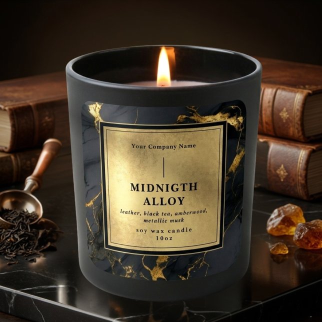 Adesivo Quadrado Rótulo de Vela Luxuoso Ágata Preto Dourado Elegant (Luxury Black Gold Agate Elegant Shiny Candle Label)