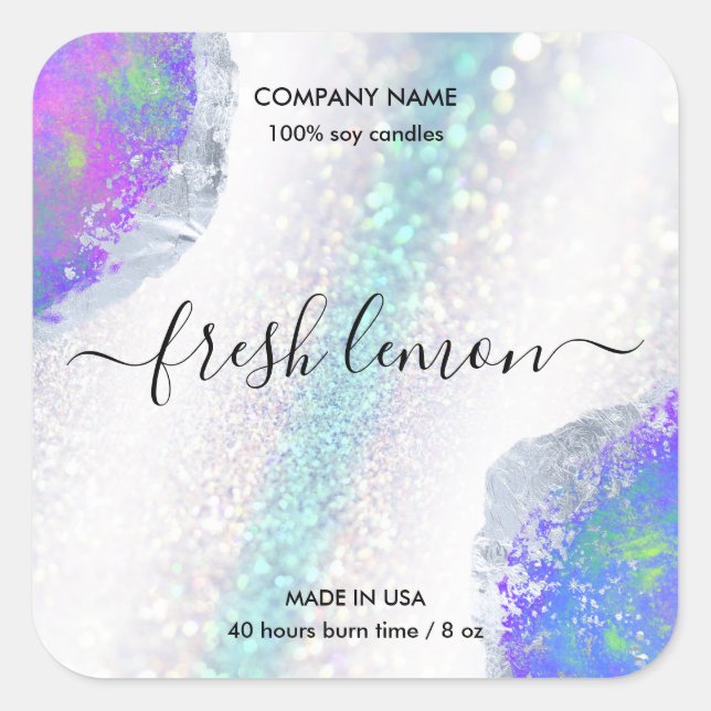 Adesivo Quadrado Rótulo de velas opal mínimo iridescente moderno (Frente)