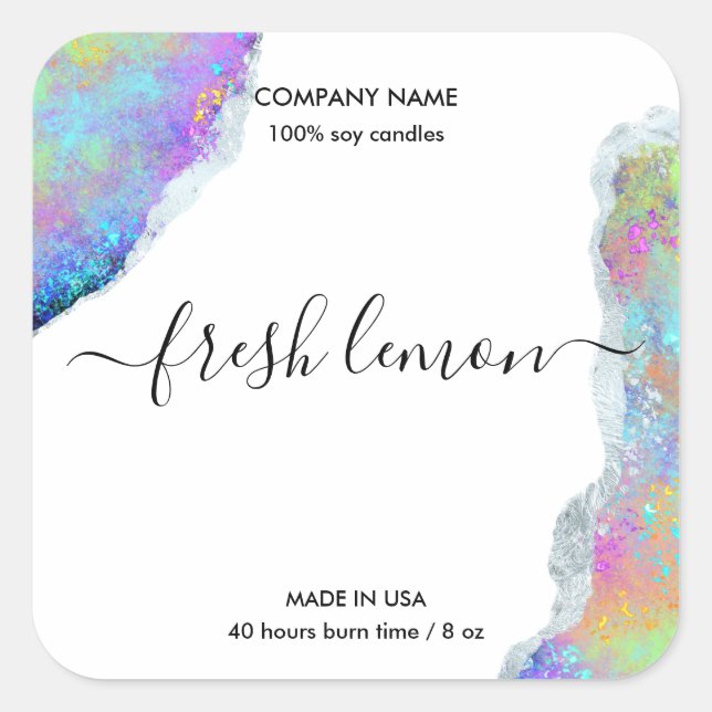 Adesivo Quadrado Rótulo de velas opal mínimo iridescente moderno (Frente)