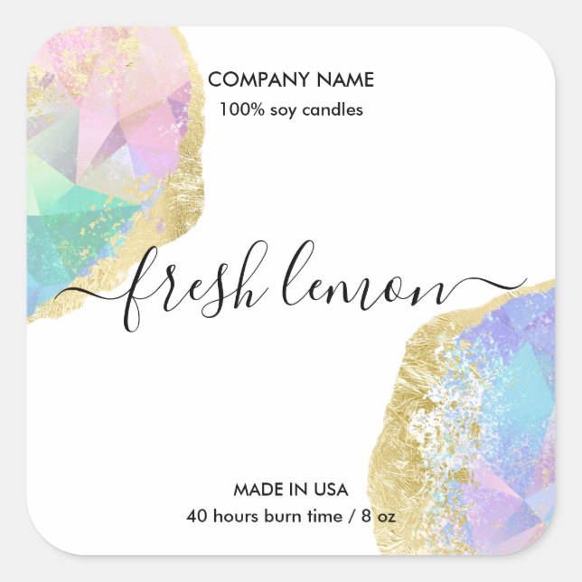 Adesivo Quadrado Rótulo de velas opal mínimo iridescente moderno (Frente)