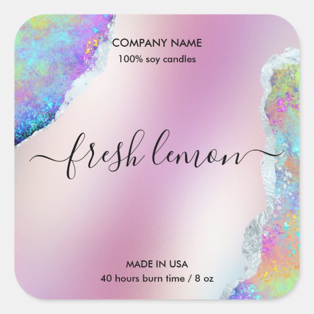 Adesivo Quadrado Rótulo de velas opal mínimo iridescente moderno (Frente)