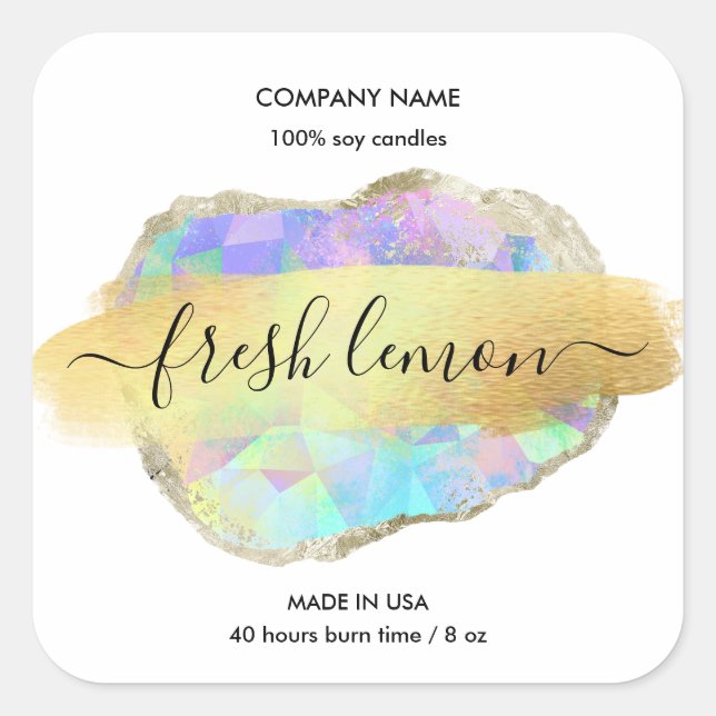 Adesivo Quadrado Rótulo de velas opal mínimo iridescente moderno (Frente)