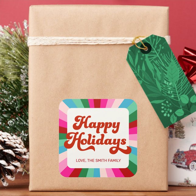 Adesivo Quadrado Rótulo do presente de Natal rosa-do-Arco Festivo (Criador carregado)