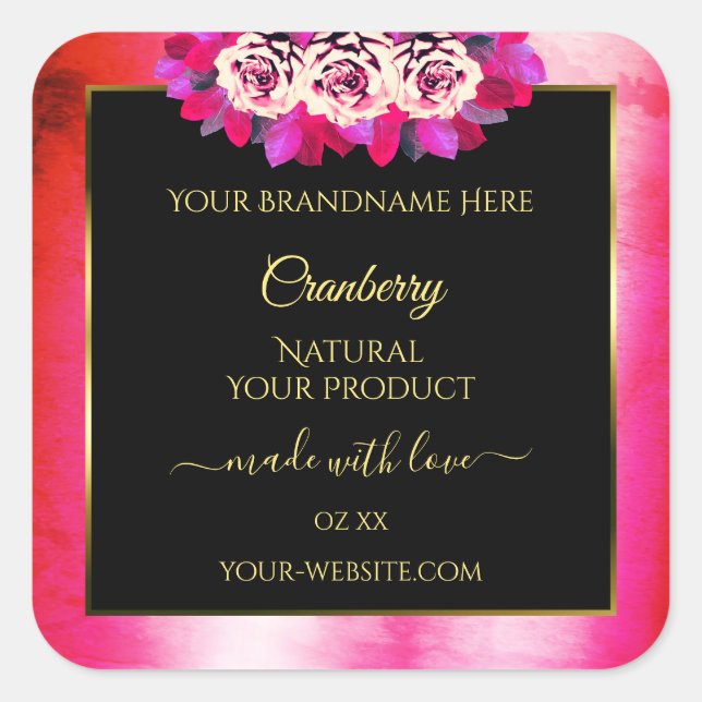 Adesivo Quadrado Rótulo do Produto Preto, Padrão de Mármore Rosa, F (Frente)