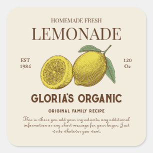 Adesivo Quadrado Rótulo do produto Sumo de Limonada com Fruta de Li