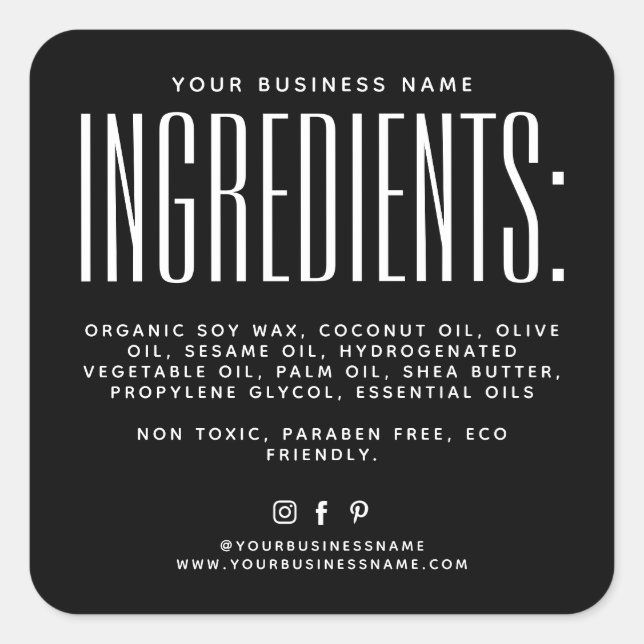 Adesivo Quadrado Rótulo dos ingredientes da vela preto-mínimo simpl (Frente)