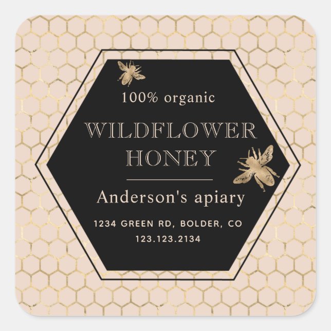 Adesivo Quadrado Rótulo Dourado Metálico Rainha Bee Mel (Frente)
