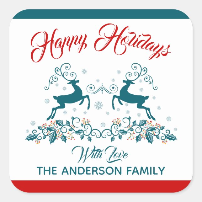 Adesivo Quadrado Rótulo Elegante de Reindeer e Holly de Natal (Frente)