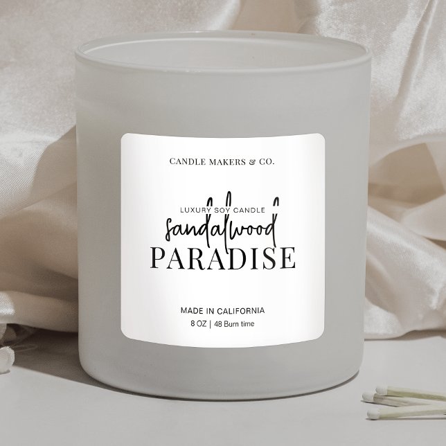 Adesivo Quadrado Rótulo Mínimo da Praça da Vela - Branco Preto Eleg (Modern simple white and black candle jar square label with fully editable text and colors)