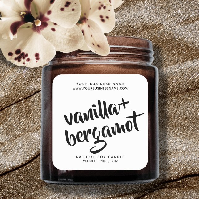 Adesivo Quadrado Rótulo moderno de produto à vela branca (Criador carregado)