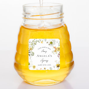 Adesivo Quadrado Rótulo Personalizado de Mel em Pote Amarelo Floral
