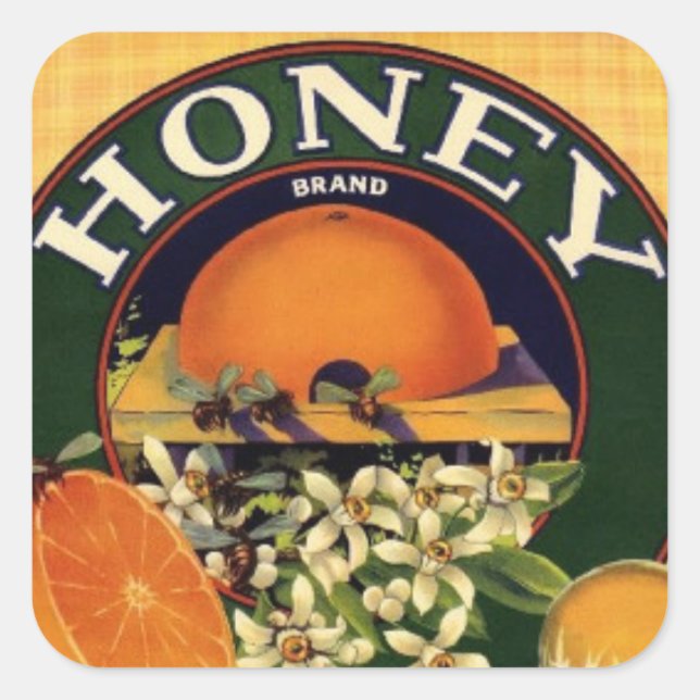 Adesivo Quadrado Rótulo publicitário de mel e laranjas (Frente)