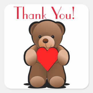 Adesivo Quadrado Rótulo Teddy Bear e Heart Obrigado