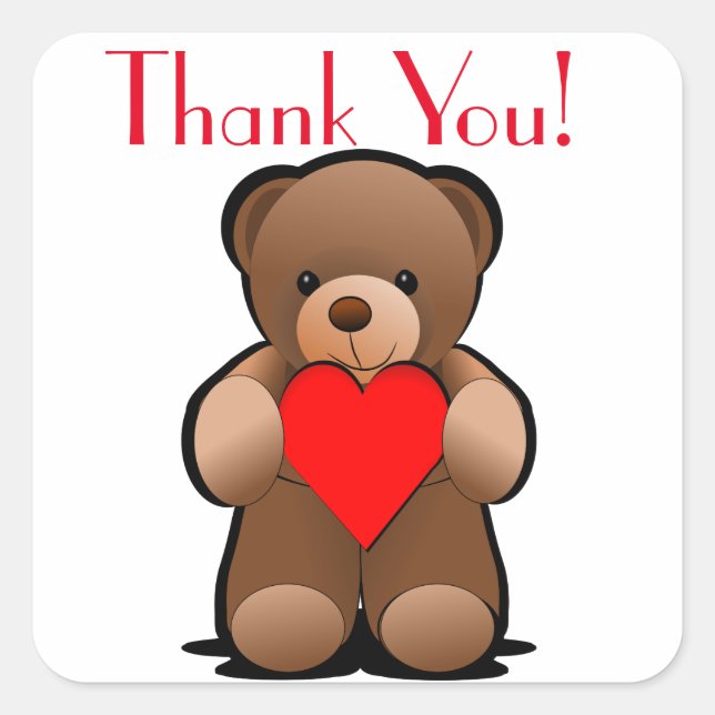 Adesivo Quadrado Rótulo Teddy Bear e Heart Obrigado (Frente)