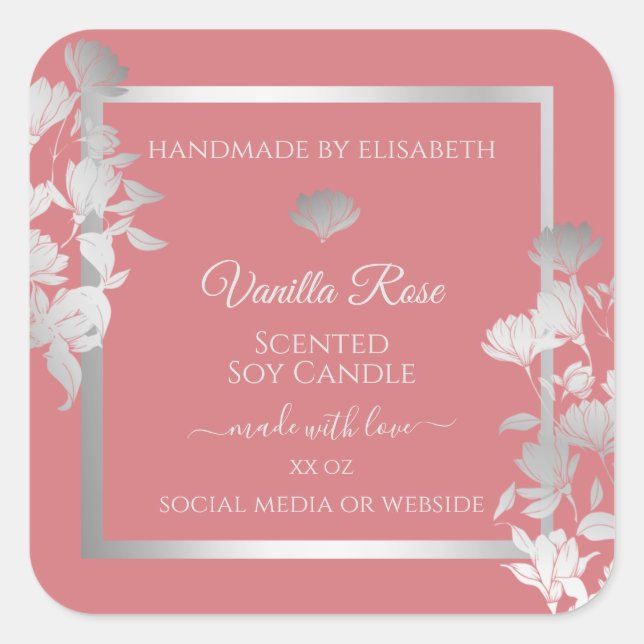 Adesivo Quadrado Rótulos de embalagem do produto Floral Prateado e  (Frente)